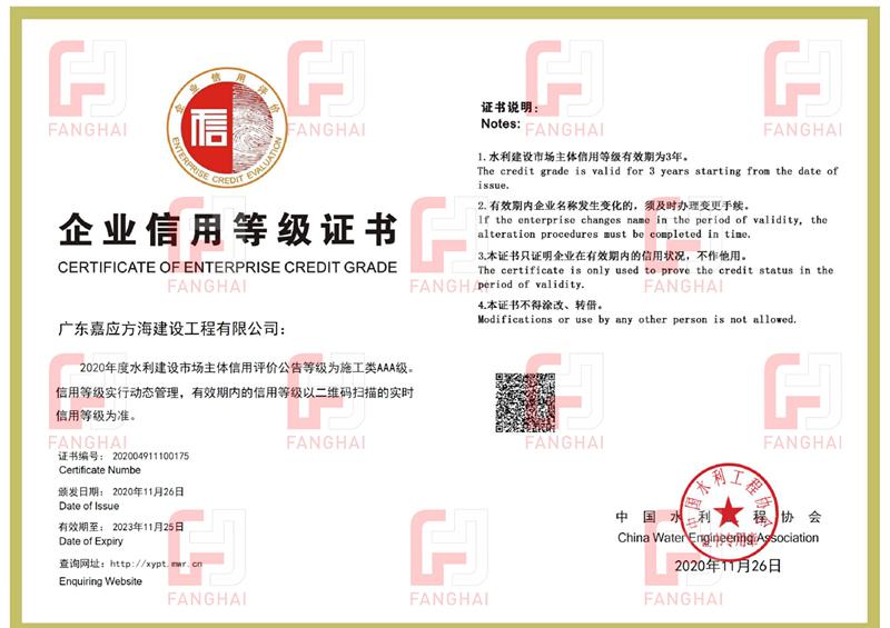 2020水利工程協會AAA信用等級證書
